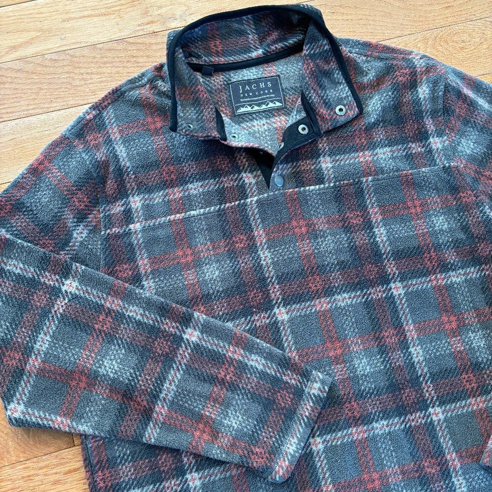 JACHS New York‎ Mock Neck Fleece Pullover Mens M Grey Plaid Cozy Snap Button